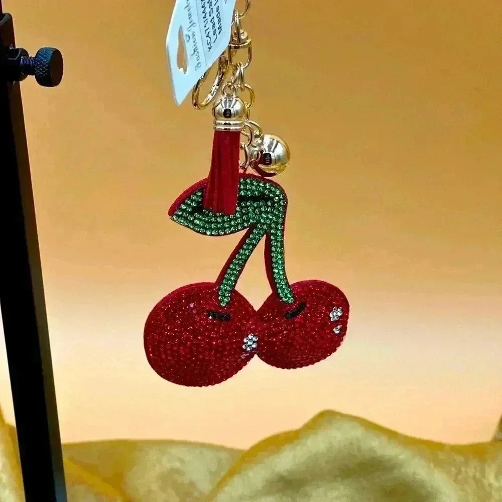 NWT Red Cherry Bag Charm or Keychain Ring Stainless Steel Flat Gem Cherries…